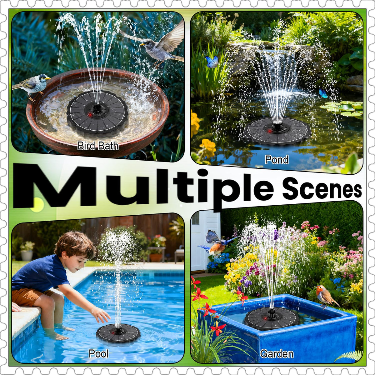 Yzert solar fountain outdoor use, suitable for bird baths, pots, ponds, and pools.