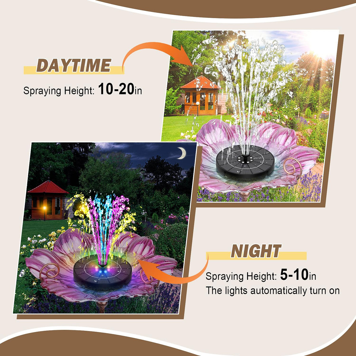 Yzert solar fountain with rotating RGB lights brightens midnight garden
