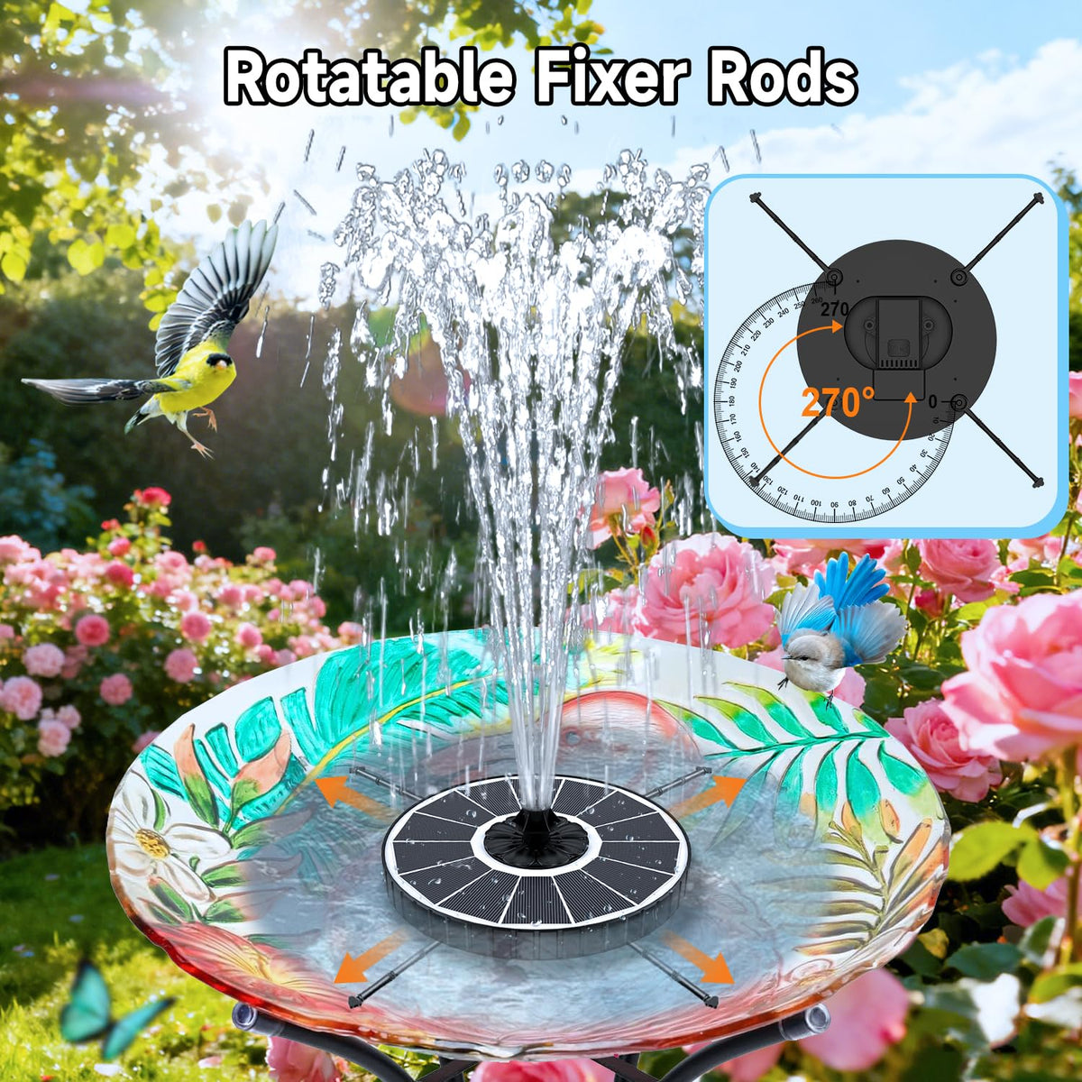 Yzert solar fountain with 270-degree rotating rods for a custom fit.
