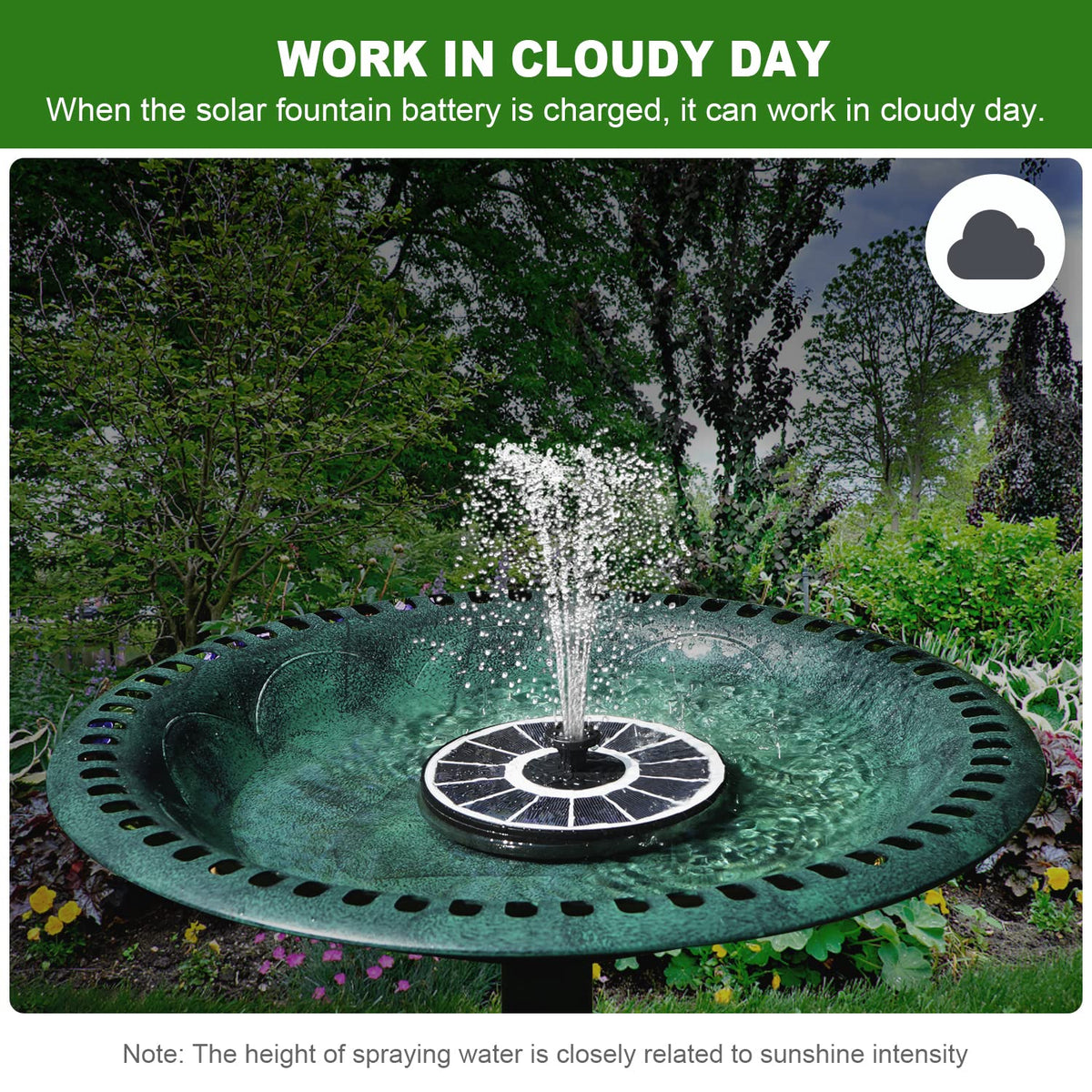 Yzert solar fountain with seven nozzles offering diverse spray styles for ponds and gardens