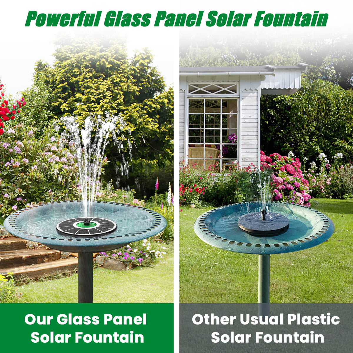 Yzert solar fountain offers seven nozzles for customizable spray styles.