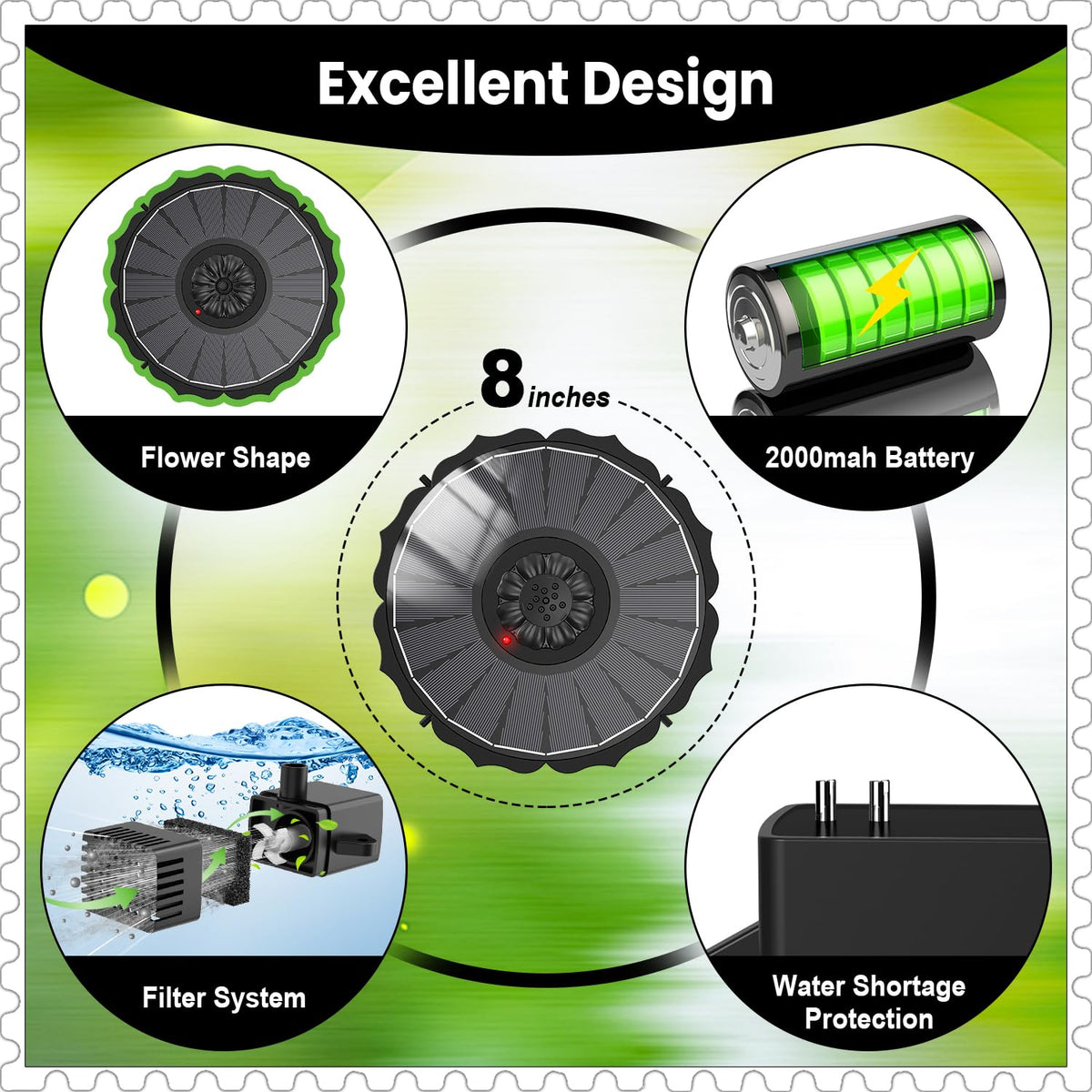 Yzert solar fountain seven-nozzle system offers varied water patterns for customization.