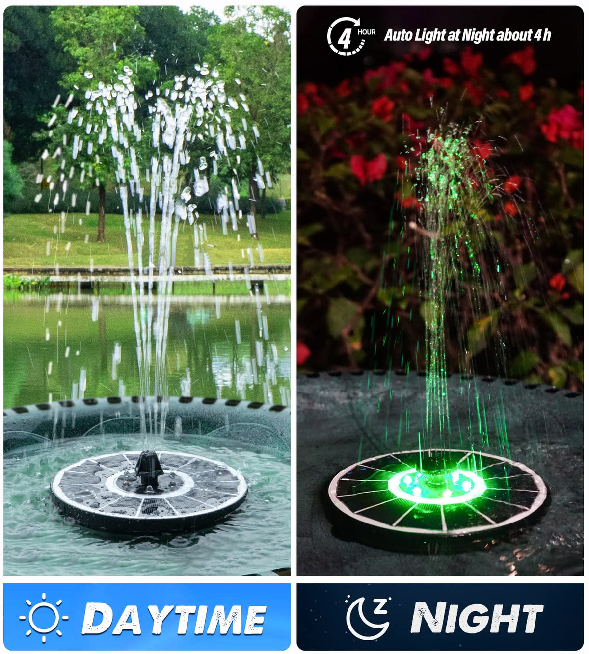 Yzert solar pump with 2200mAh battery for extended night operation.