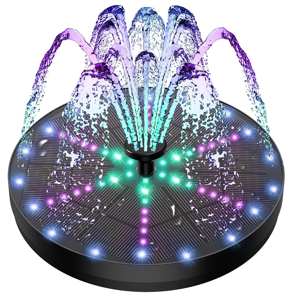 Yzert upgraded solar fountain birdbath with 60 LED lights for nighttime ambiance.