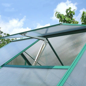 Yziixi Auto Vent Opener front view highlighting sturdy aluminum build for reliable greenhouse ventilation.