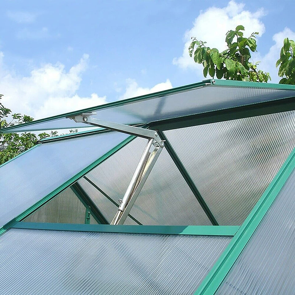 Yziixi Auto Vent Opener front view highlighting sturdy aluminum build for reliable greenhouse ventilation.