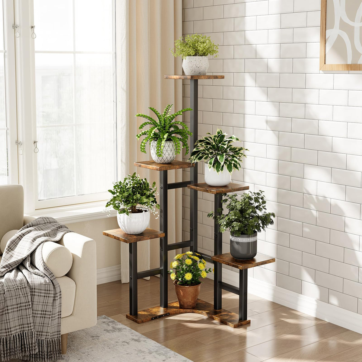 Yzosvki corner plant stand 6-tier side view highlights compact corner fit.