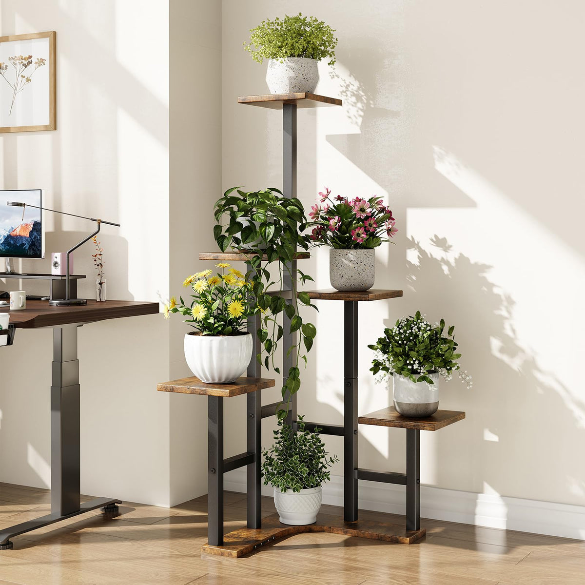 Yzosvki corner plant stand black metal frame provides sturdy support.