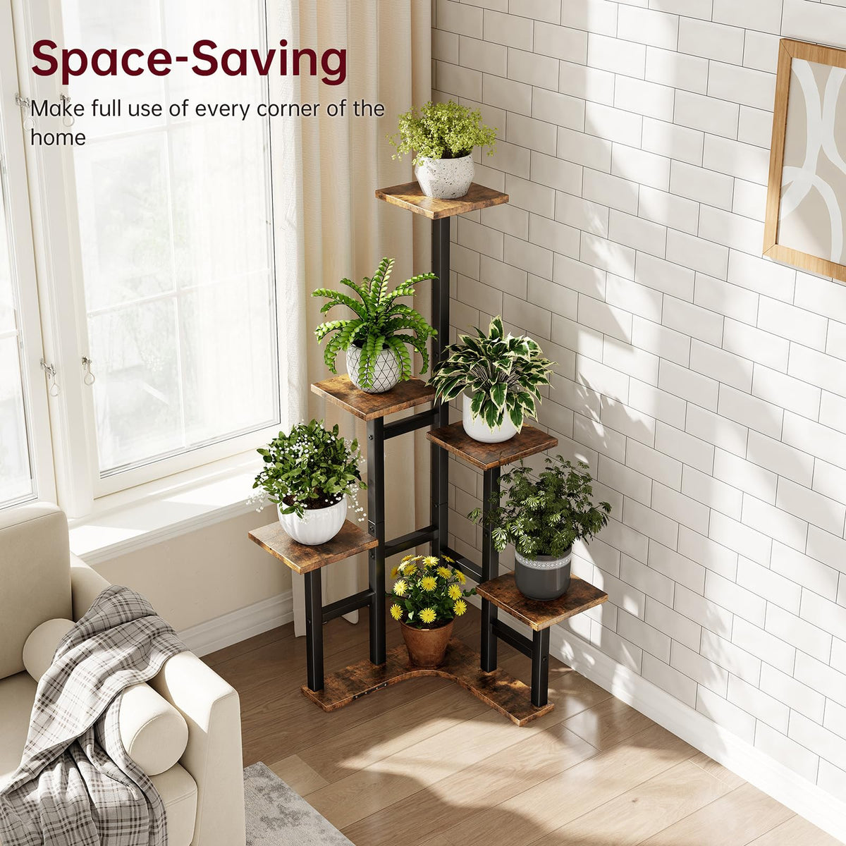 Yzosvki corner plant stand rustic brown shelves add warm industrial charm.