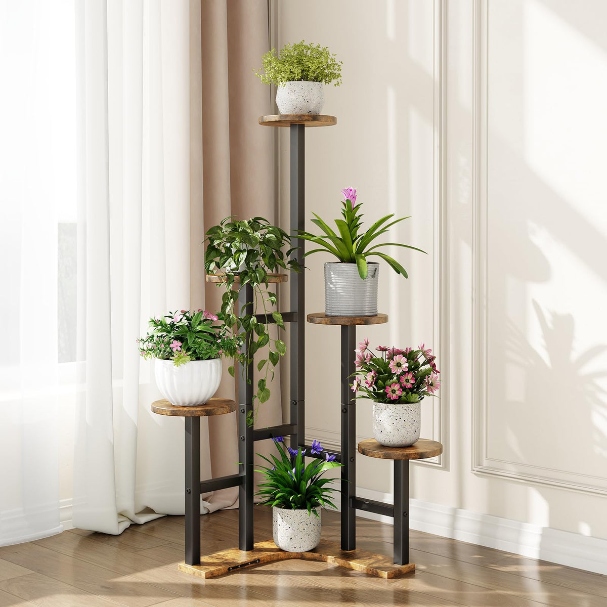 Yzosvki corner plant stand ships with easy-assembly instructions.