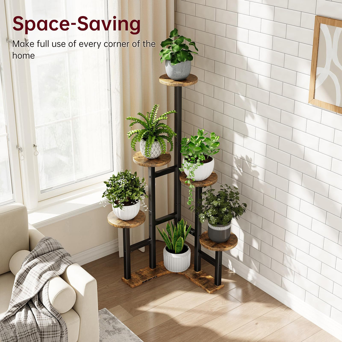 Yzosvki corner plant stand fitting neatly in a corner nook.