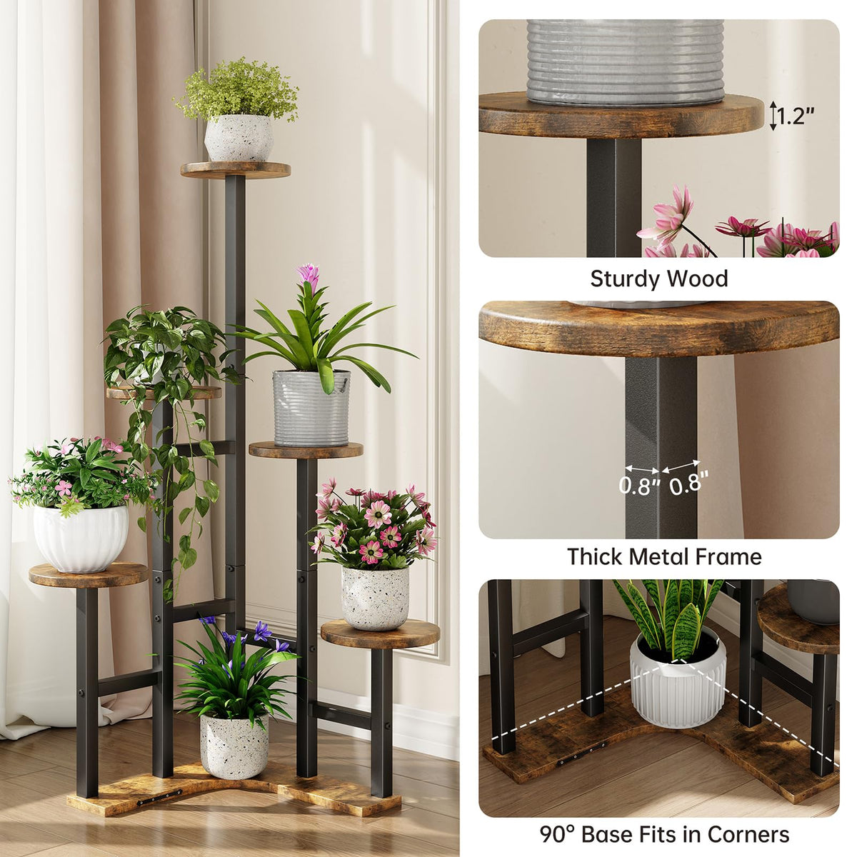 Yzosvki corner plant stand shown in a living room setup.