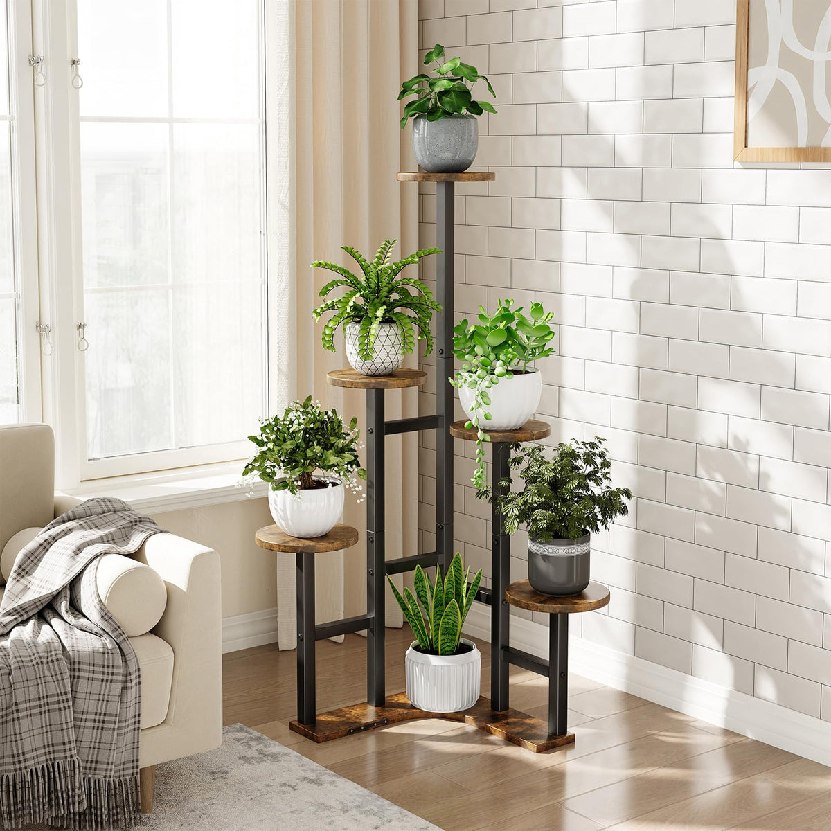 Yzosvki corner plant stand features rustic brown shelves and sturdy frame.