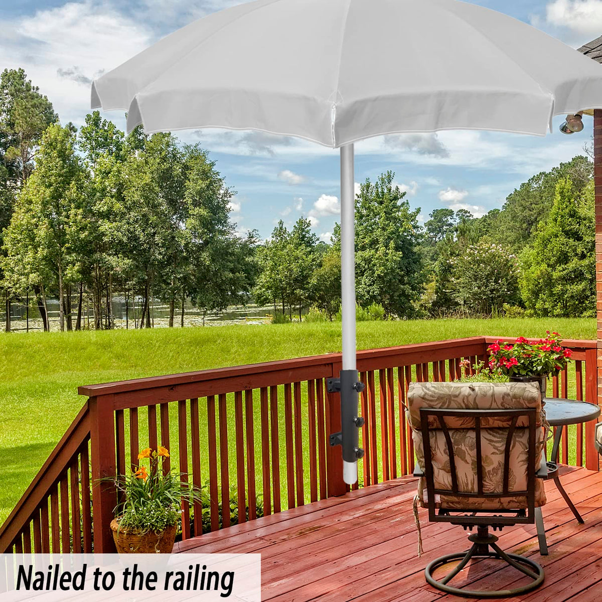 YZZHAJ balcony rail umbrella holder provides space-saving shade solution.