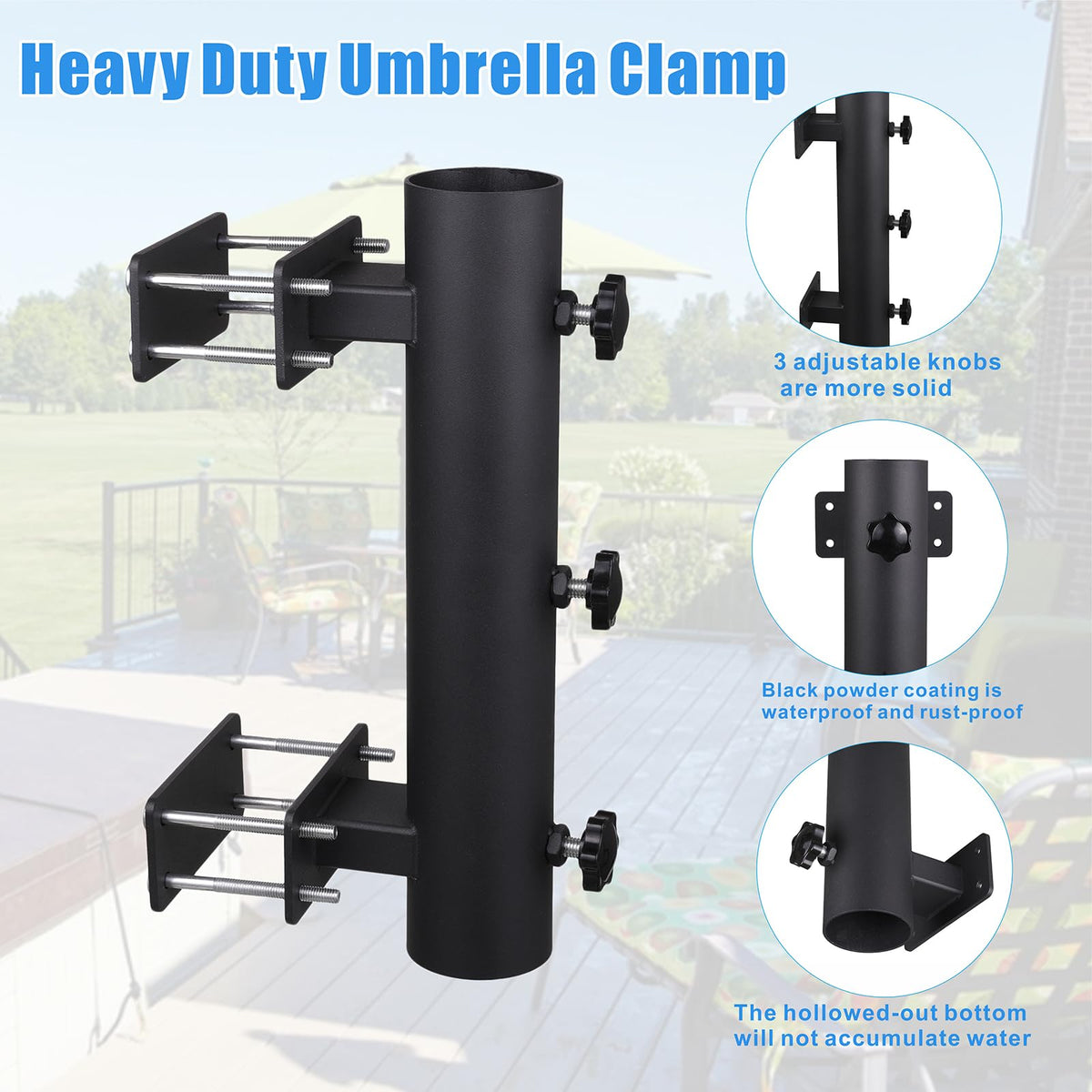 YZZHAJ umbrella clamp-on-rail with adjustable knobs for wind-ready stability.