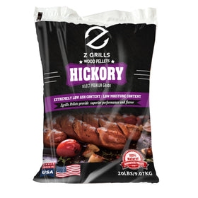 Z GRILLS Hickory pellets bag front view for authentic smoky flavor in grilling.
