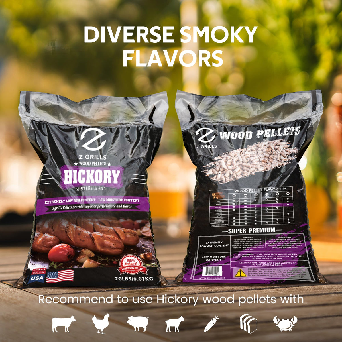 Z GRILLS Hickory pellets eco friendly hardwood fuel for sustainable grilling.