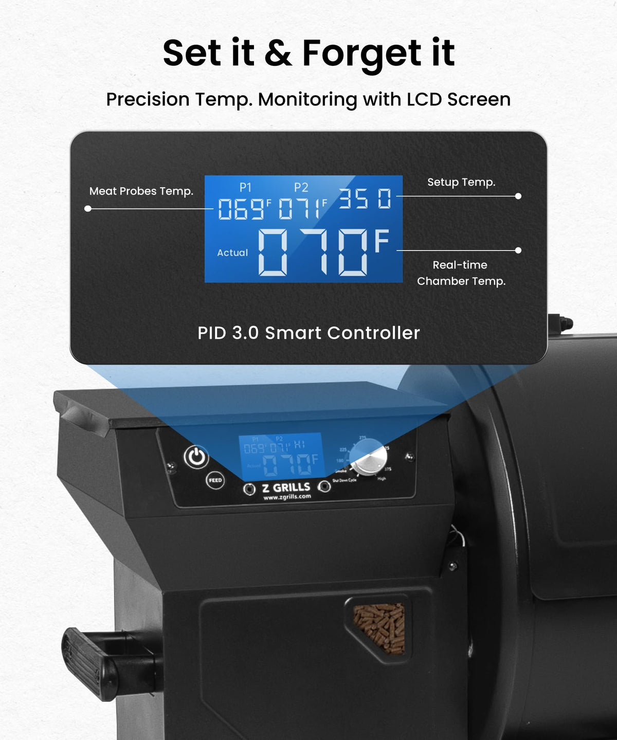 Z GRILLS ZPG-550B2 view window and hopper for easy fuel monitoring