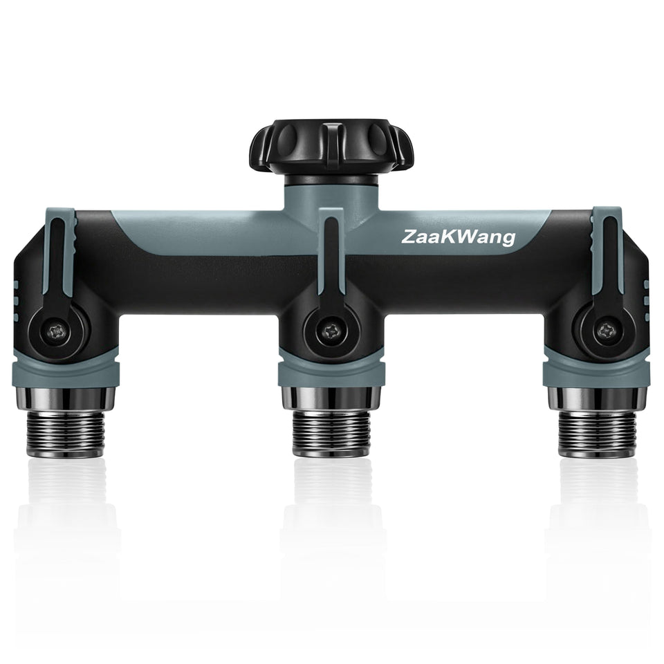 ZaakWang garden hose splitter 3-way enables multitasking irrigation with three independent outlets.