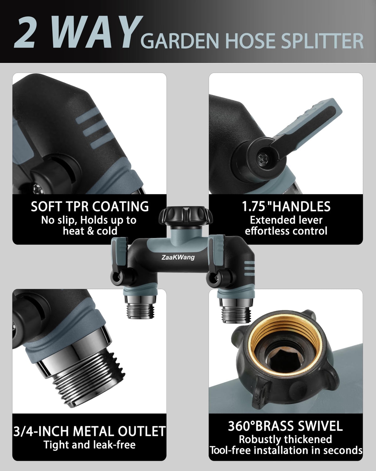 ZaakWang Garden Hose Splitter 360-degree connector shows flexible hose positioning during watering.