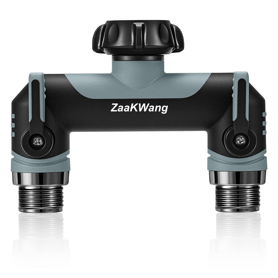 ZaakWang Garden Hose Splitter assembly view highlights durable ABS build for weather-ready performance.