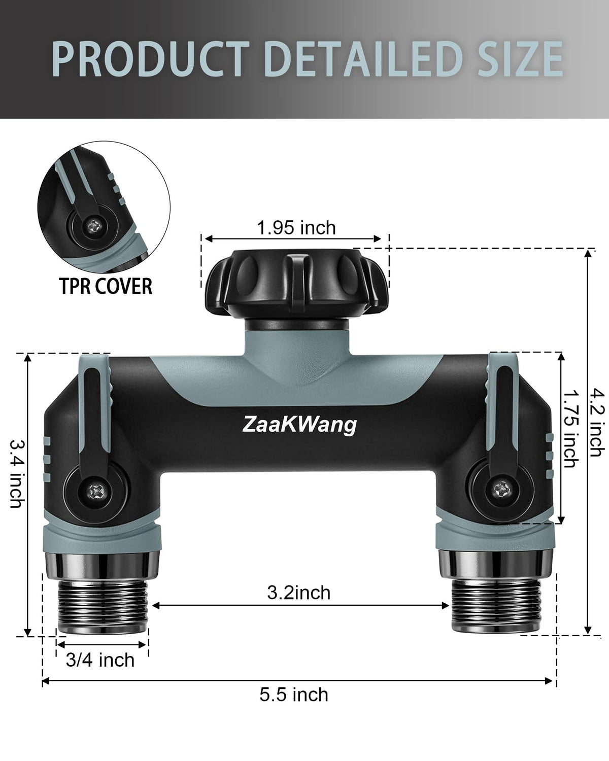 ZaakWang Garden Hose Splitter ergonomic handle close-up demonstrates easy grip with gloves.