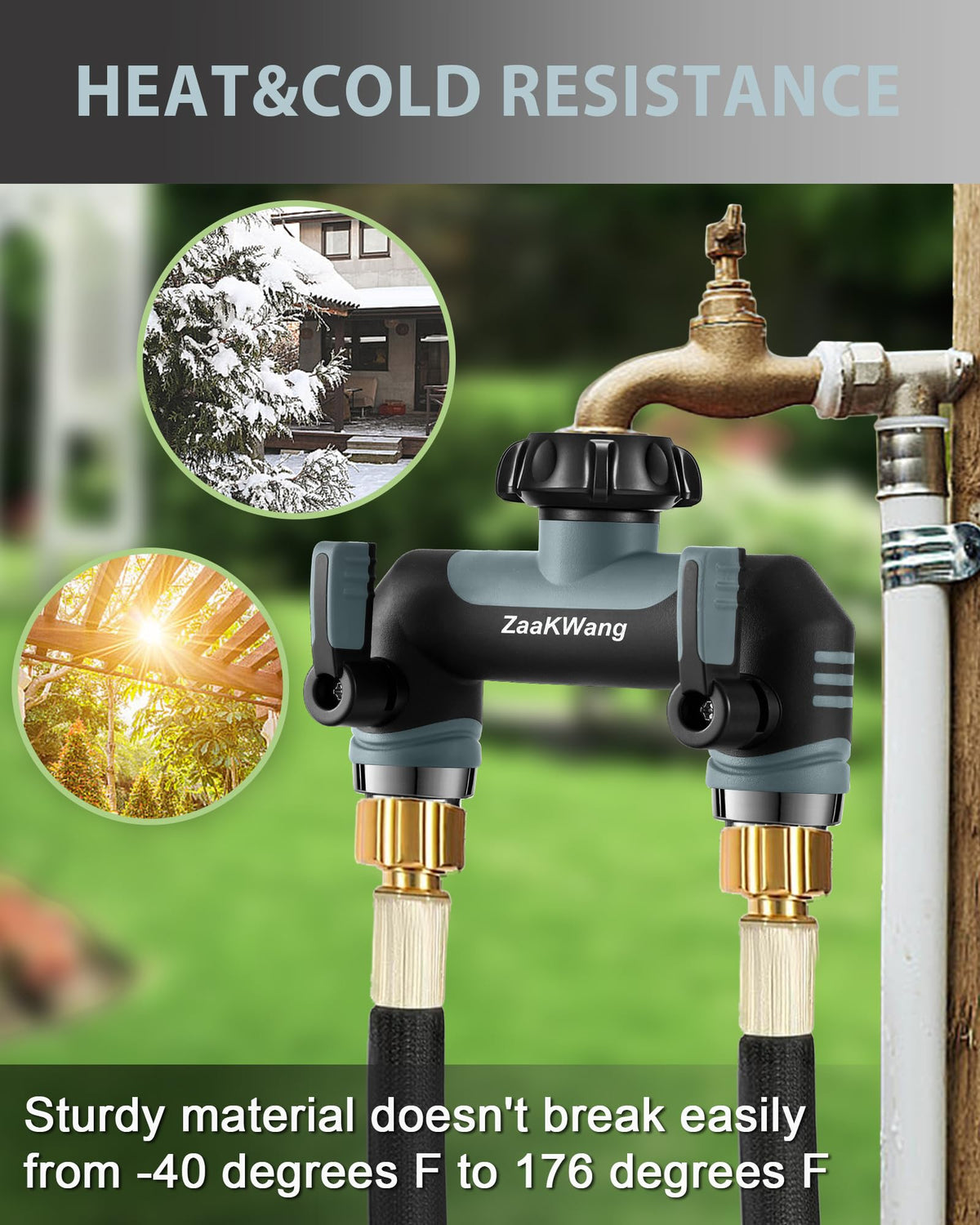 ZaakWang Garden Hose Splitter leak-proof outlets illustrate high flow with secure seal.