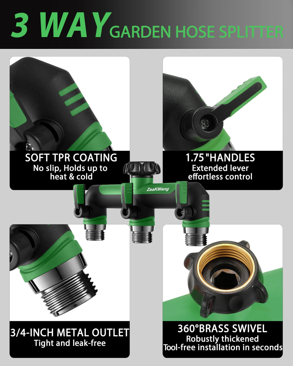 ZaakWang splitter with metal inlets and outlets for stable, watertight connections.