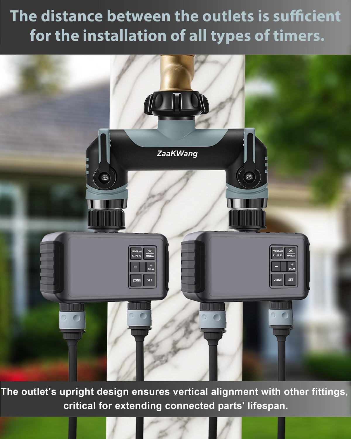 ZaakWang Garden Hose Splitter in-use with multiple hoses demonstrates independent control.