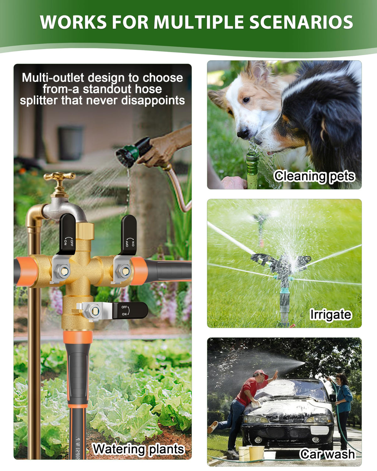 ZaakWang outdoor water use cases showing garden, car wash, and sprinkler setups.