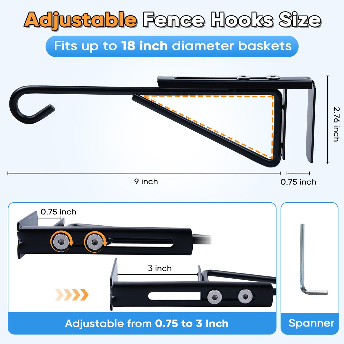 Zacool 4Pack fence hooks width range demonstrates fit for 0.75–3 inch fences.