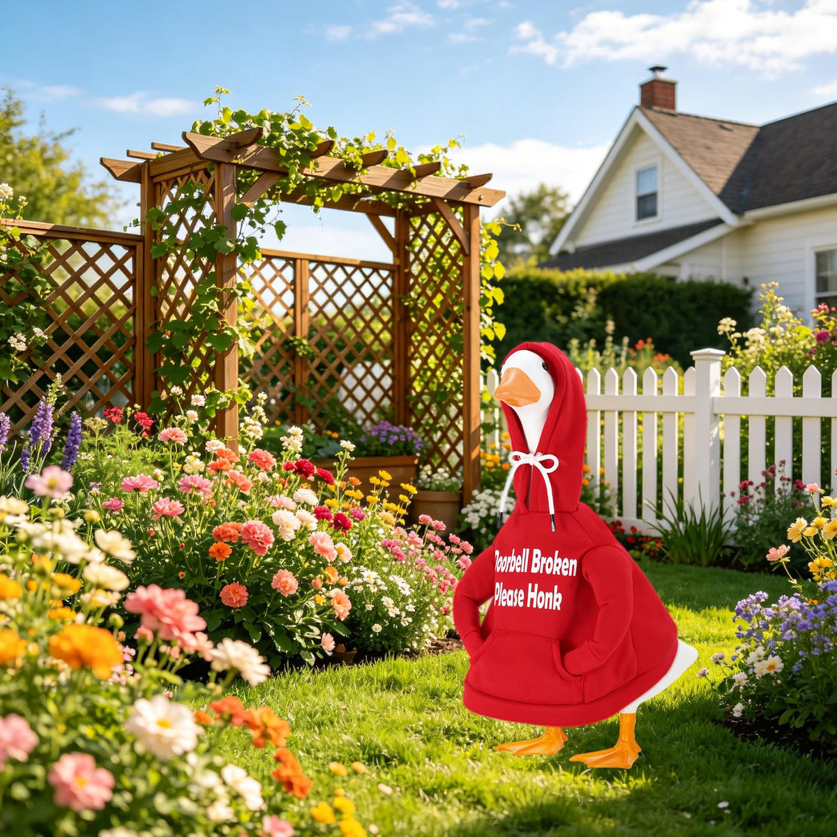 Zadoreck 23-inch goose outfit on patio adds playful charm
