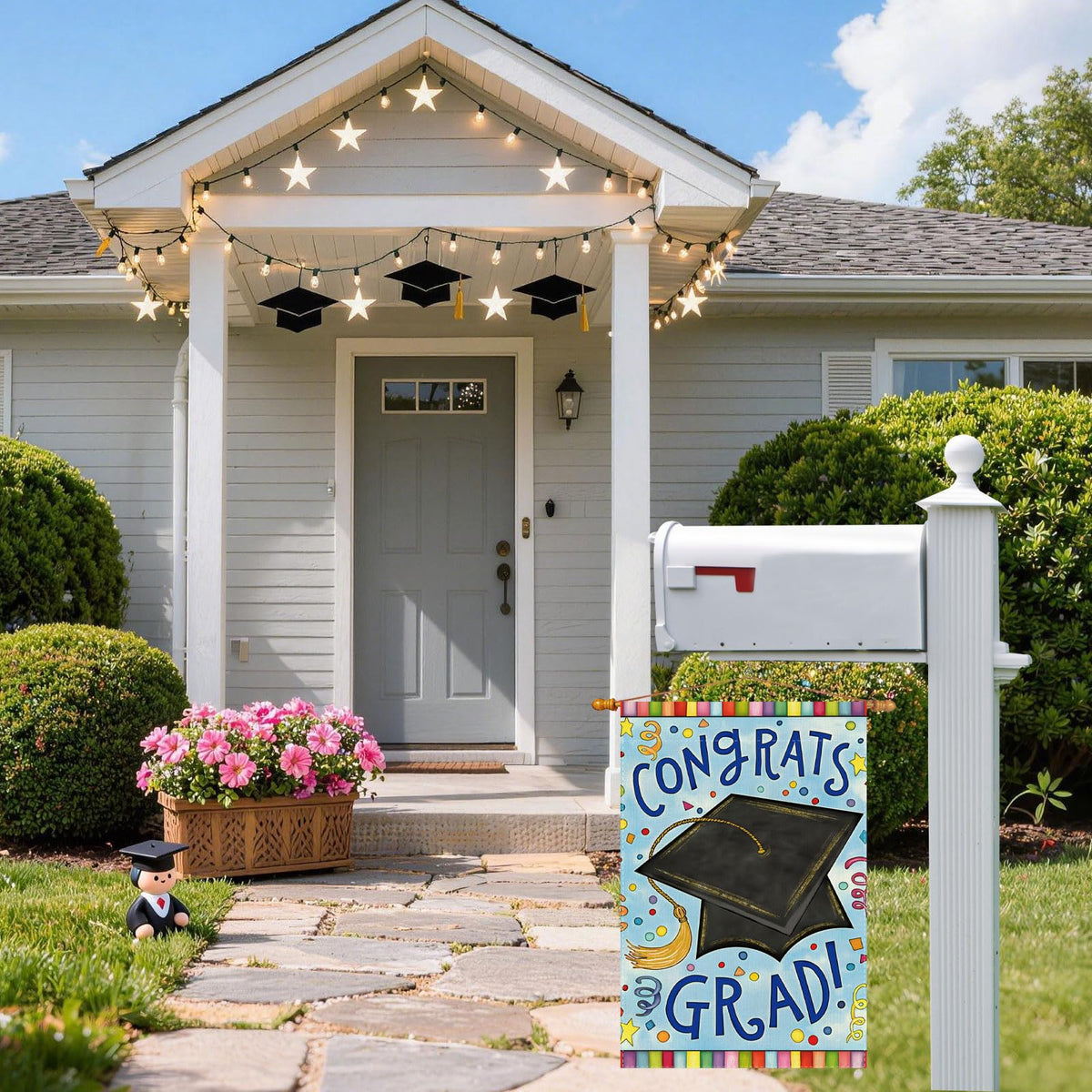ZAEW Congrats Grad flag featuring confetti pattern for festive outdoor spaces.