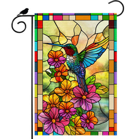 ZAEW Spring Hummingbird Flowers flag front view with stained-glass charm.