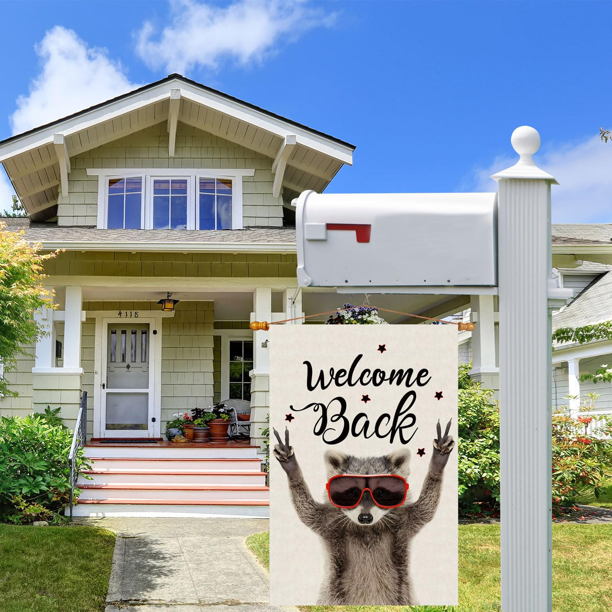 ZAEW Welcome Back raccoon flag back view, ideal yard decoration