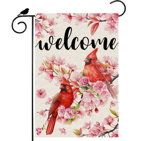 ZAEW welcome flag with watercolor cardinals and cherry blossoms, ideal spring garden decor.