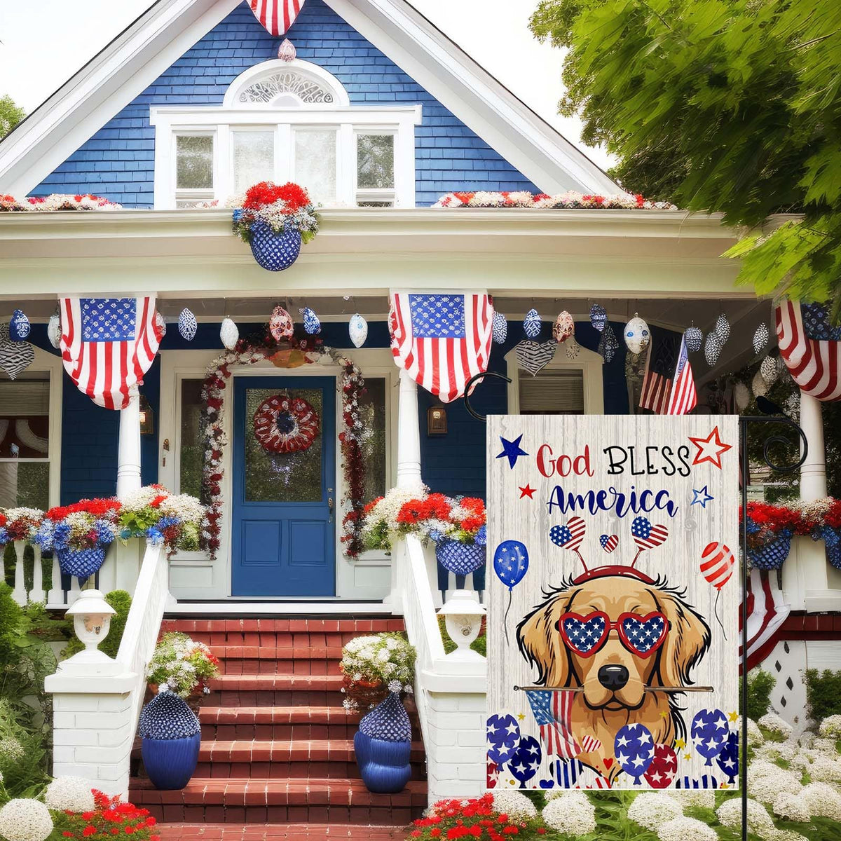 ZAEW wood-style patriotic flag showcases vivid balloons for seasonal décor.