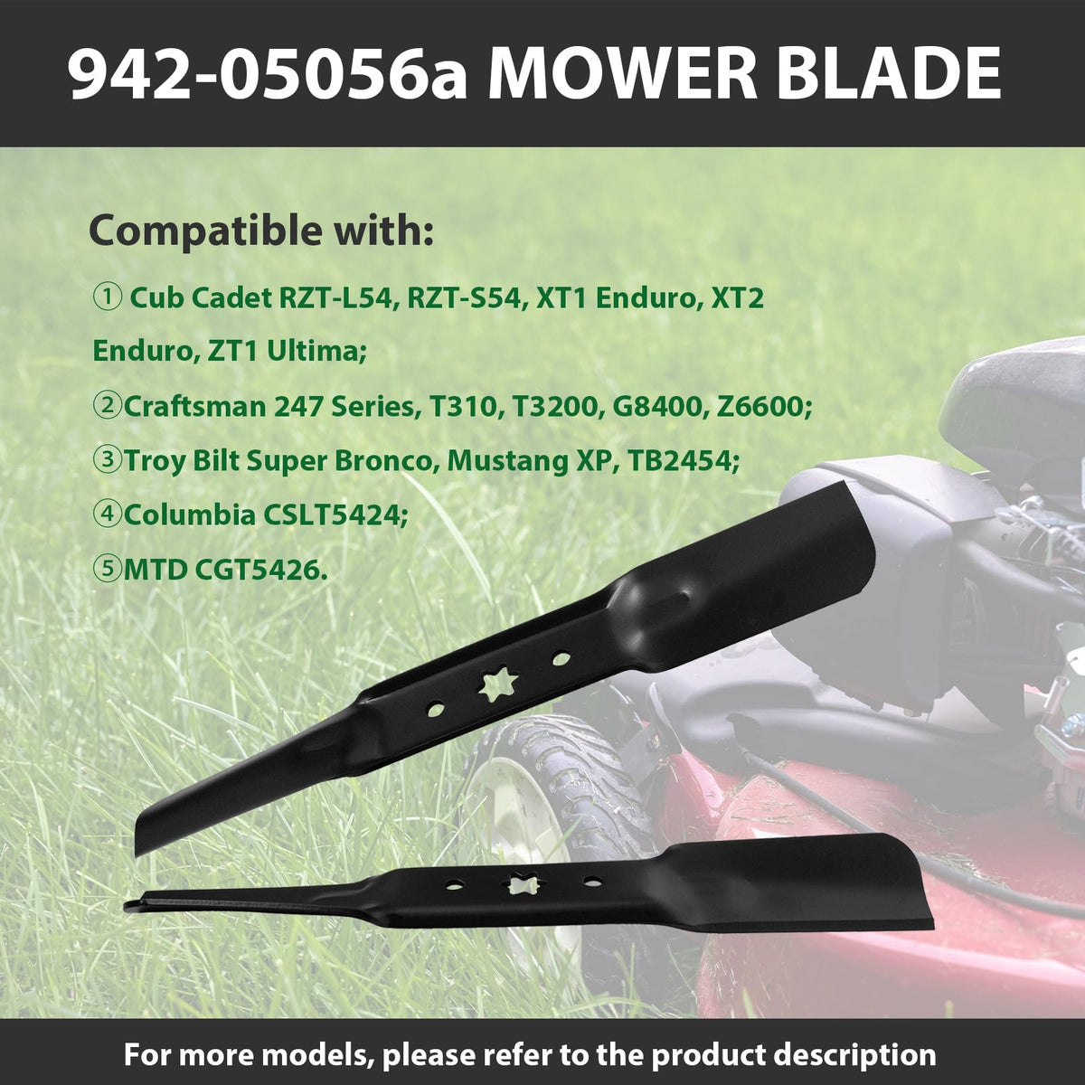 Zalana 54-inch deck lawn mower blade highlights wide-cut durability.