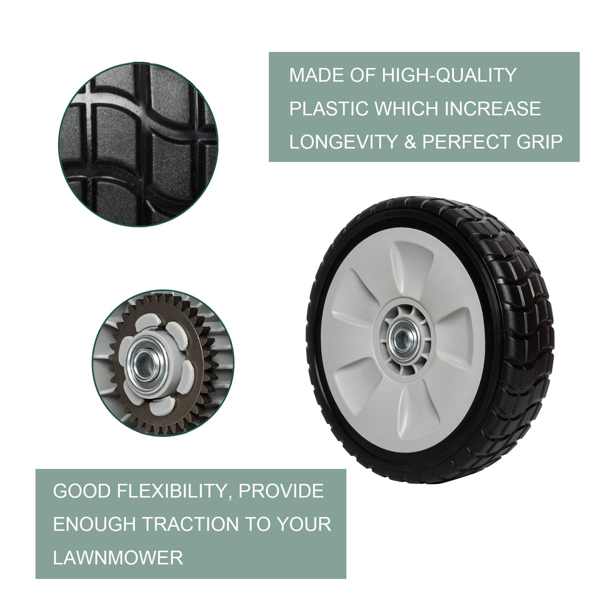 ZALANA 8-inch diameter wheels for standard mower decks and stability.