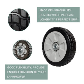 ZALANA 8-inch diameter wheels for standard mower decks and stability.