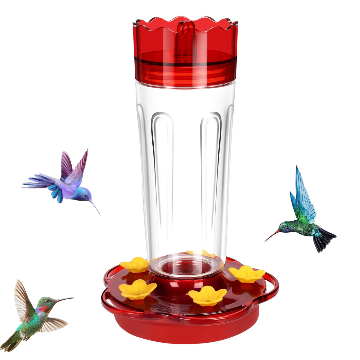 Zamelane glass hummingbird feeder with red body and 15-ounce capacity attracting birds outdoors.