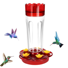 Zamelane glass hummingbird feeder with red body and 15-ounce capacity attracting birds outdoors.