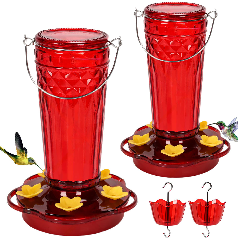 Zamelane glass hummingbird feeder red 2-pack, 14 oz capacity attracts garden visitors.