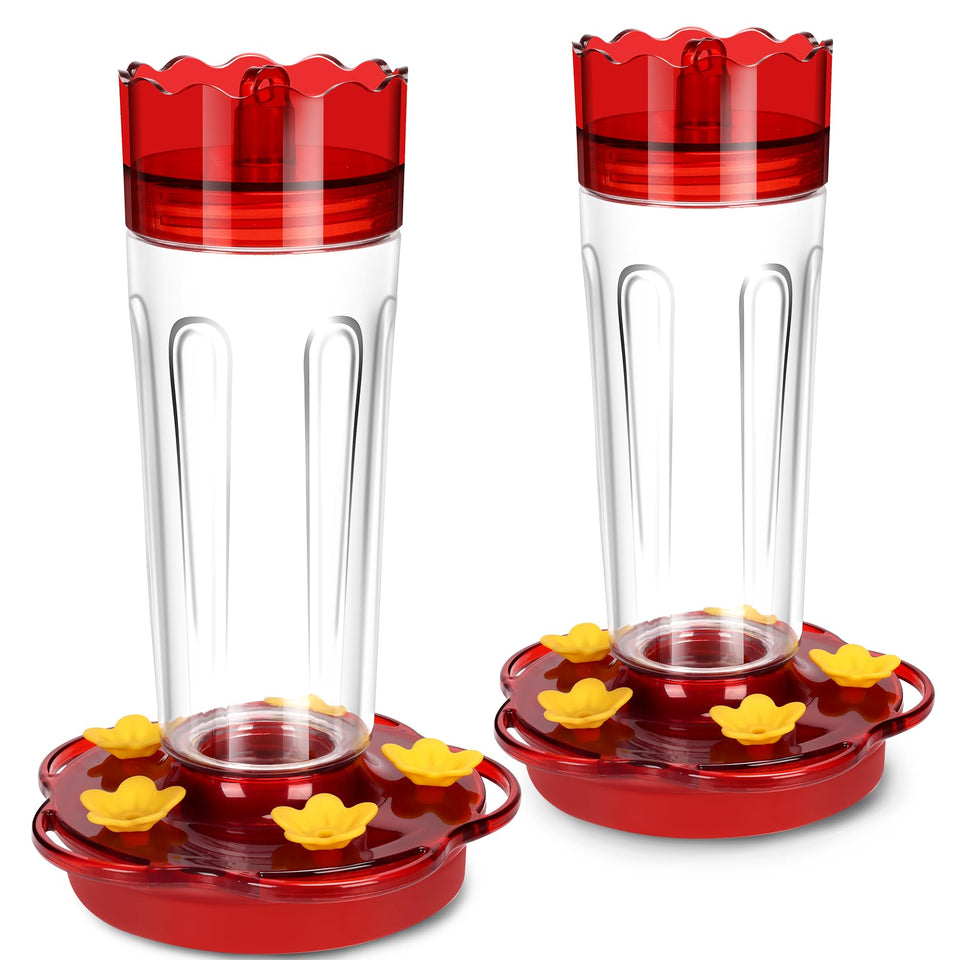 Zamelane glass hummingbird feeder, red front view with five ports for feeding.