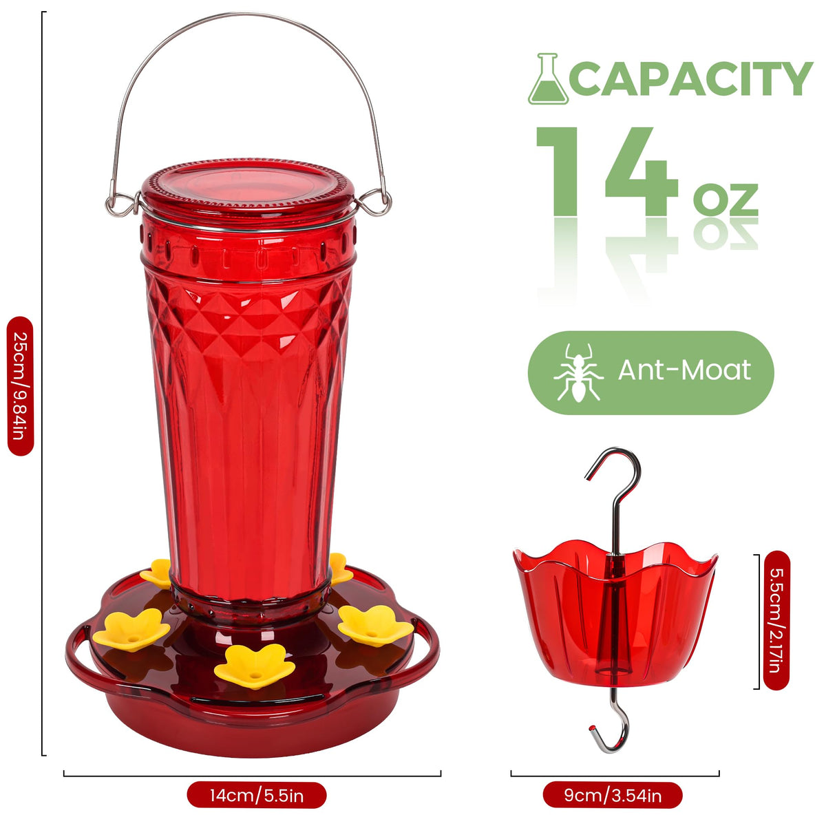Zamelane glass hummingbird feeder wide mouth for easy filling and cleaning.