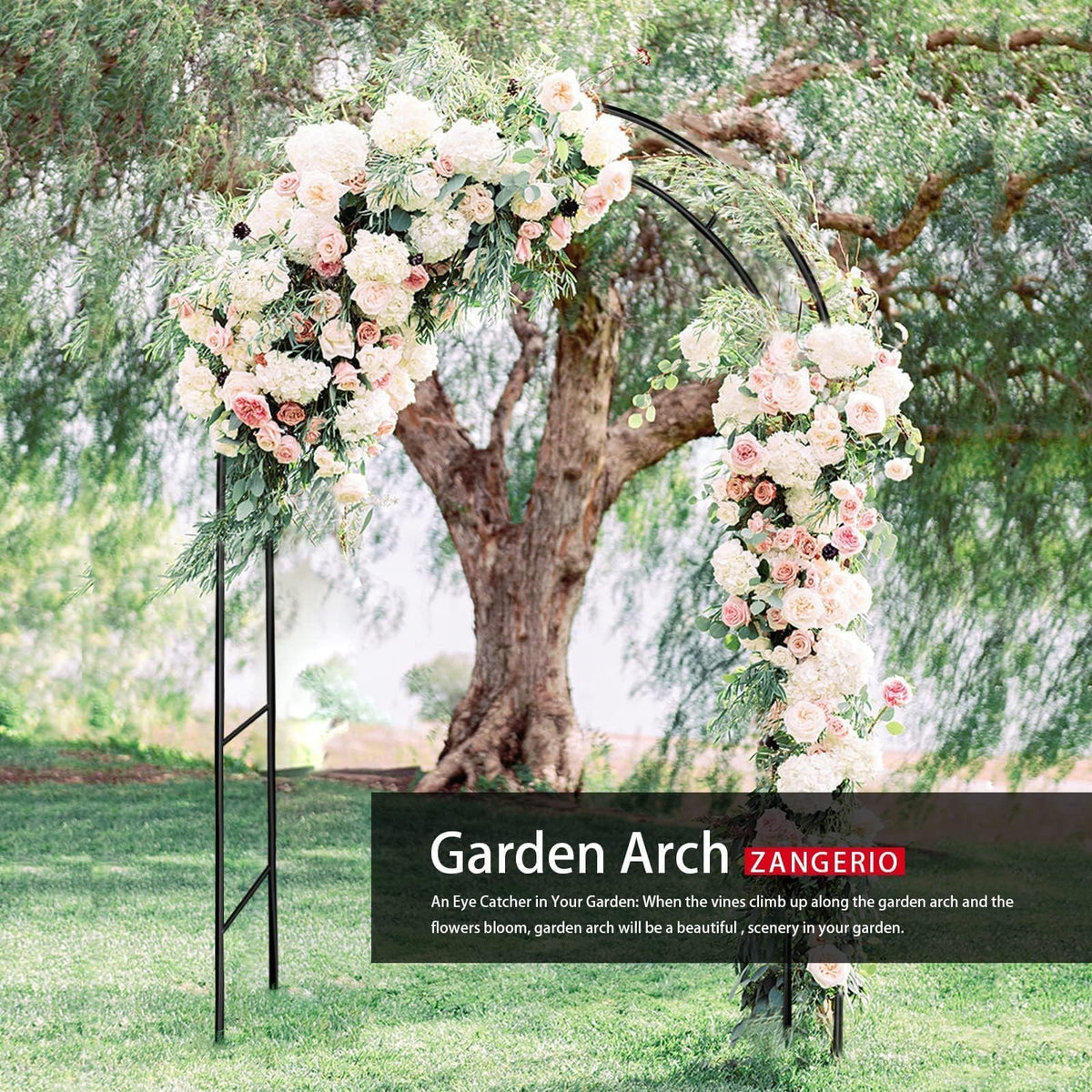 ZANGEROI garden arbor framed by roses offers natural focal point.