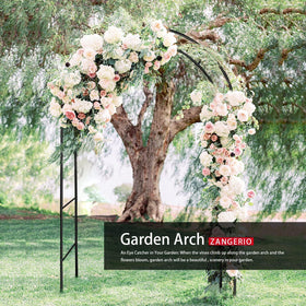 ZANGEROI garden arbor framed by roses offers natural focal point.