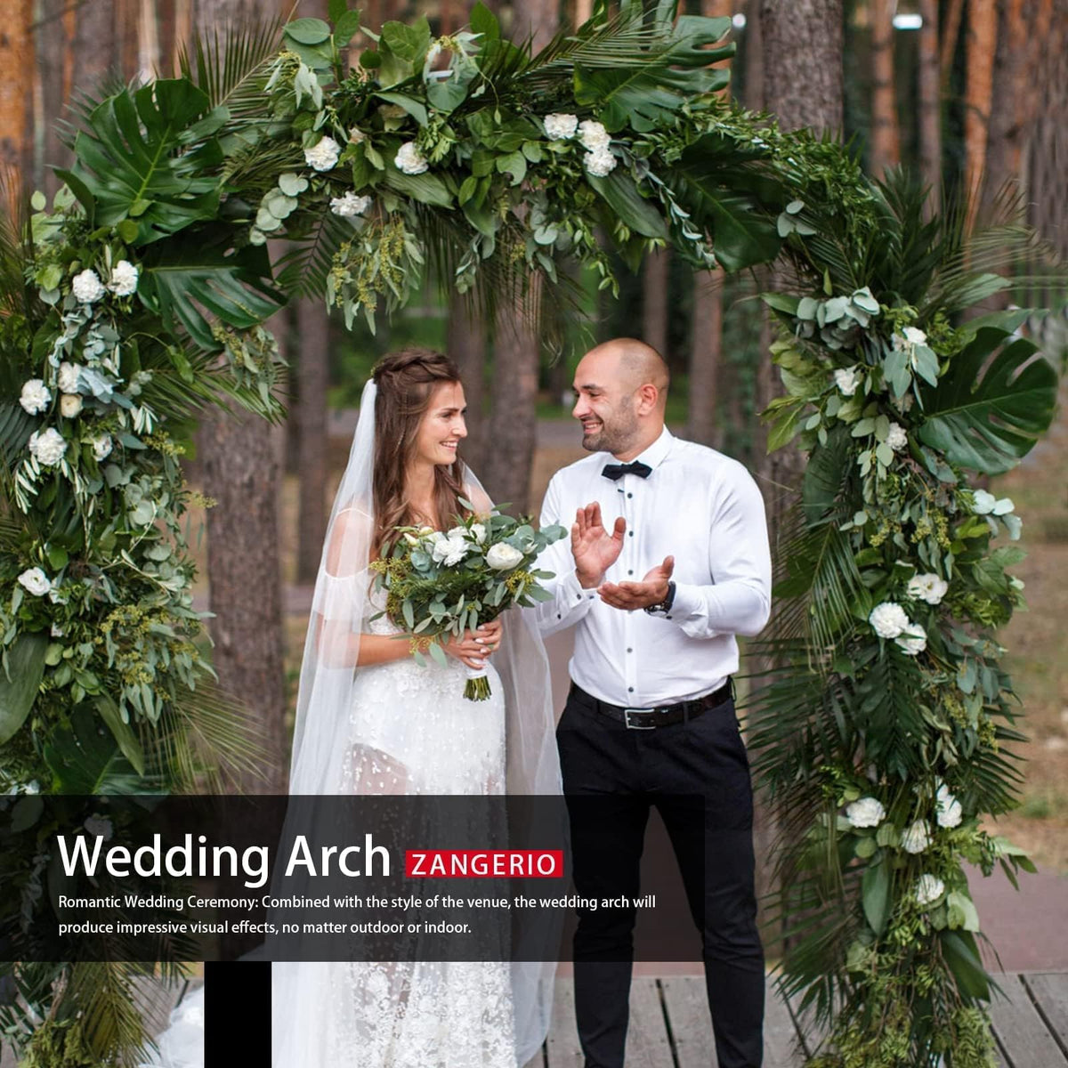 ZANGEROI wedding arch decorated with lights and flowers for ceremony.
