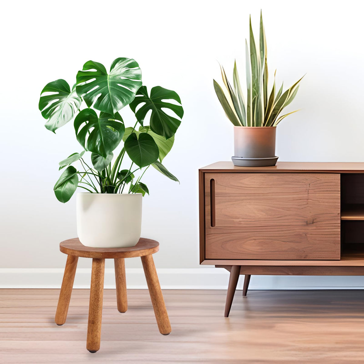 Zaowofires round stool in walnut finish, ideal for extra seating or portable plant display.