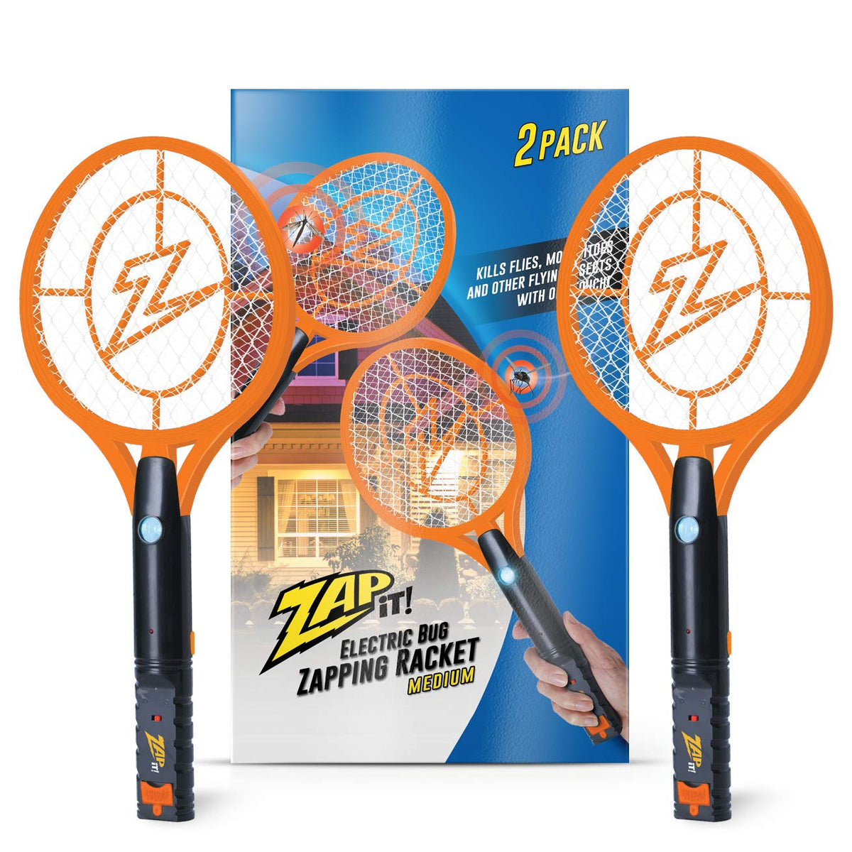 ZAP IT! 2-pack electric fly zapper racket in action for indoor and outdoor pest control.